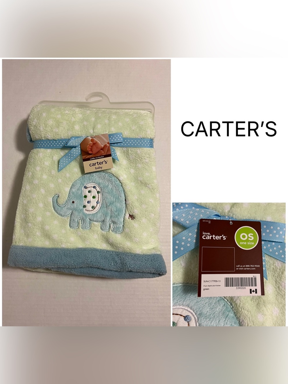 CARTER’S - NWT - 40”X30” - INFANT BOYS BLUE GREEN ELEPHANT COZY SHERPA BLANKET